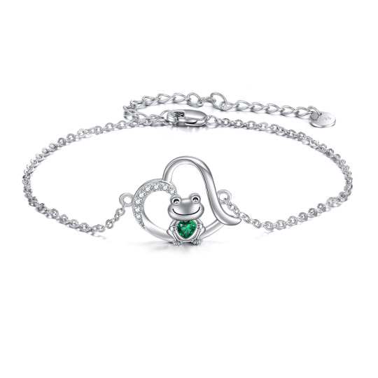 Bracciale con ciondolo a forma di rana e cuore in argento sterling con zirconia cubica