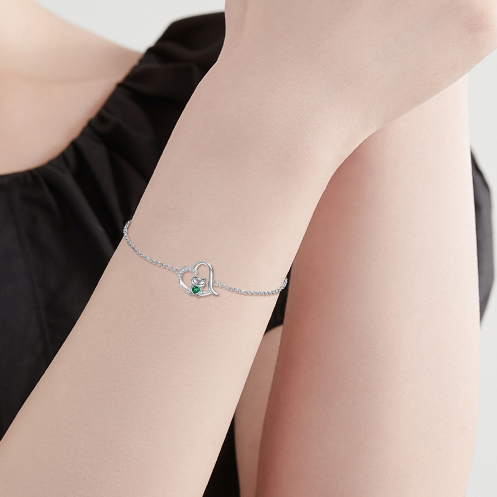 Sterling Silver Cubic Zirconia Frog & Heart Charm Bracelet-2