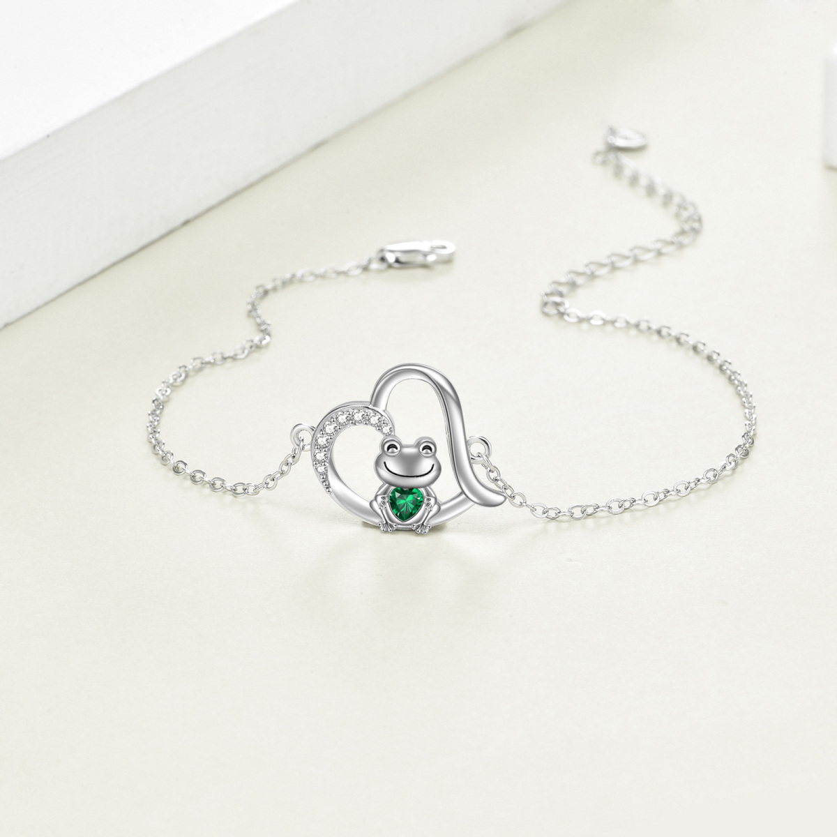 Sterling Silver Cubic Zirconia Frog & Heart Pendant Bracelet-3