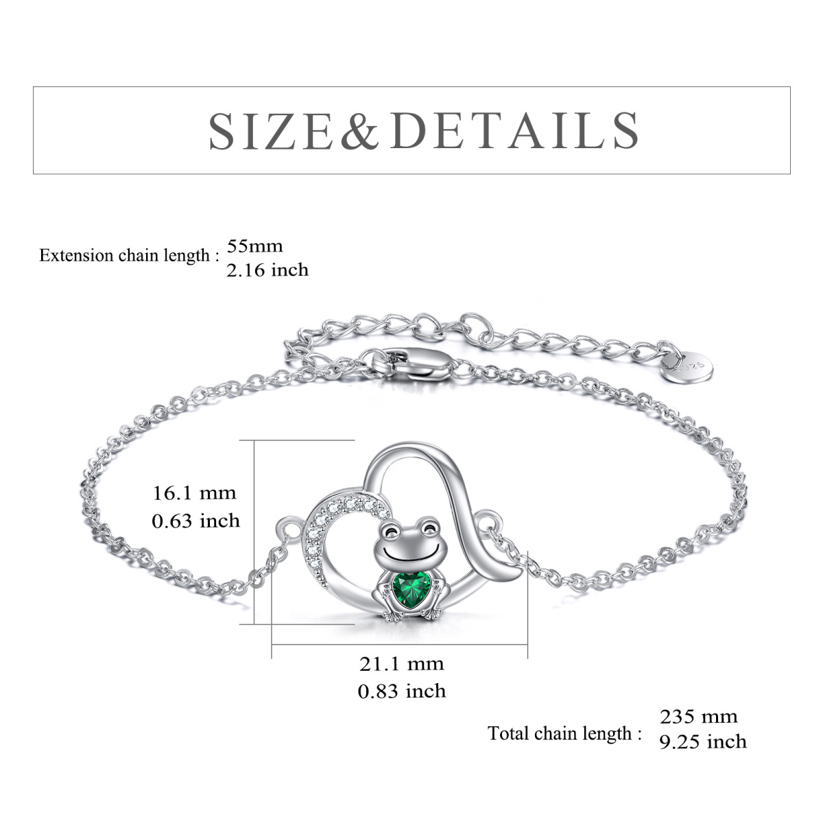 Pulsera de plata de ley con colgante de corazón y rana de circonita-5