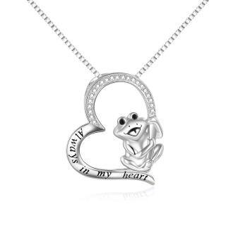 Sterling Silver Cubic Zirconia Frog & Heart Pendant Necklace with Engraved Word-58