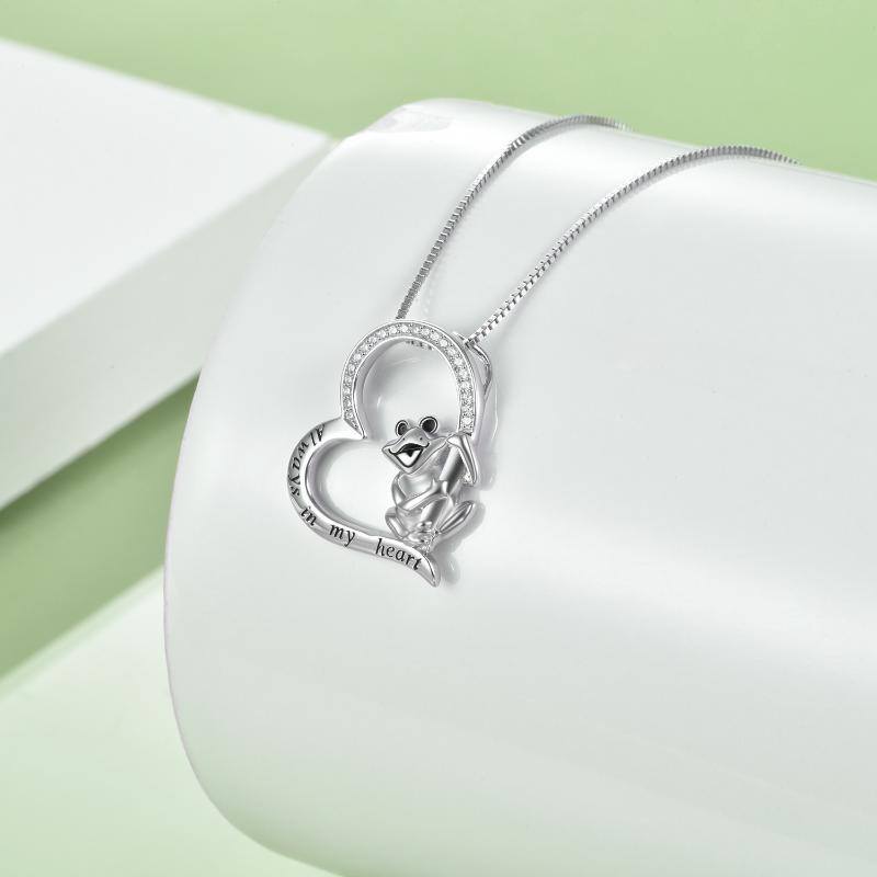 Sterling Silver Cubic Zirconia Frog & Heart Pendant Necklace with Engraved Word-4