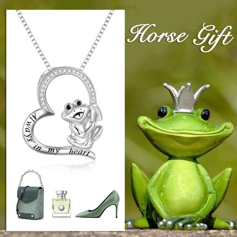 Sterling Silver Cubic Zirconia Frog & Heart Pendant Necklace with Engraved Word-5