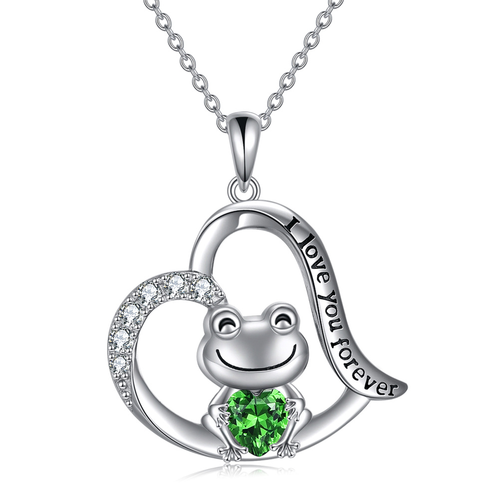 Urnen-Halskette für Asche aus Sterlingsilber mit Zirkonia in Frosch-Herzform und eingraviertem Wort-1