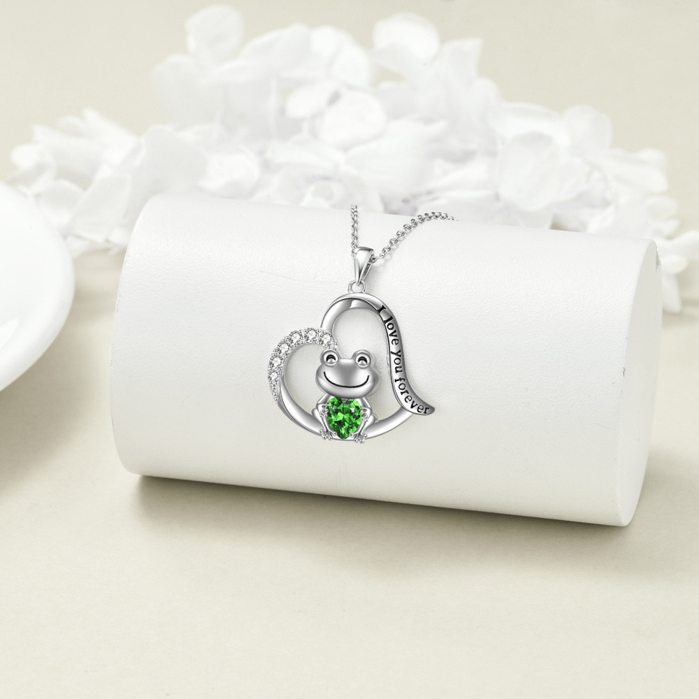 Urnen-Halskette für Asche aus Sterlingsilber mit Zirkonia in Frosch-Herzform und eingraviertem Wort-3
