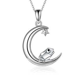 Sterling Silver Frog & Moon Pendant Necklace-4