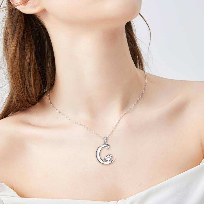 Sterling Silver Frog & Moon Pendant Necklace-2