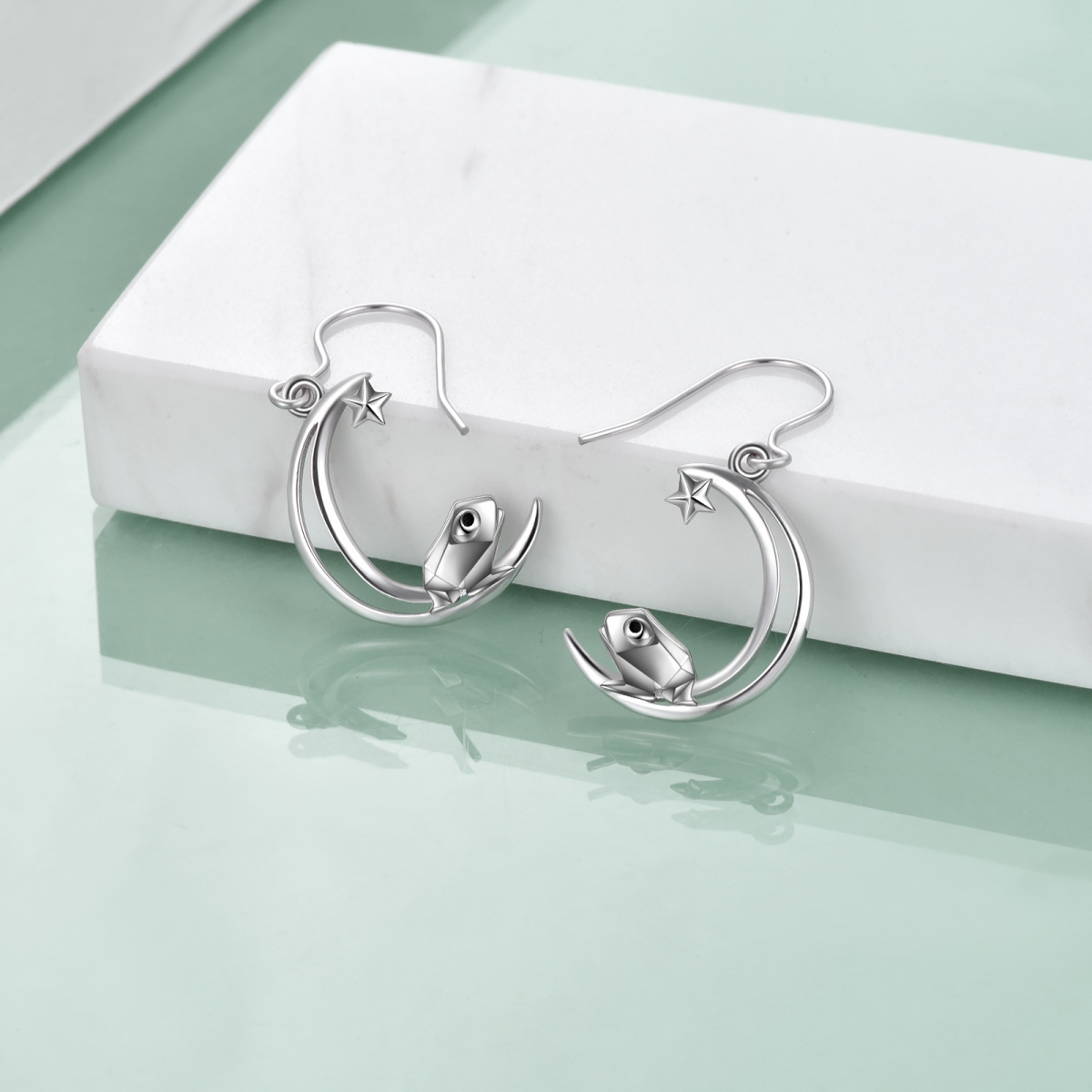 Sterling Silver Frog With Moon And Star Drop Earrings For Women-3