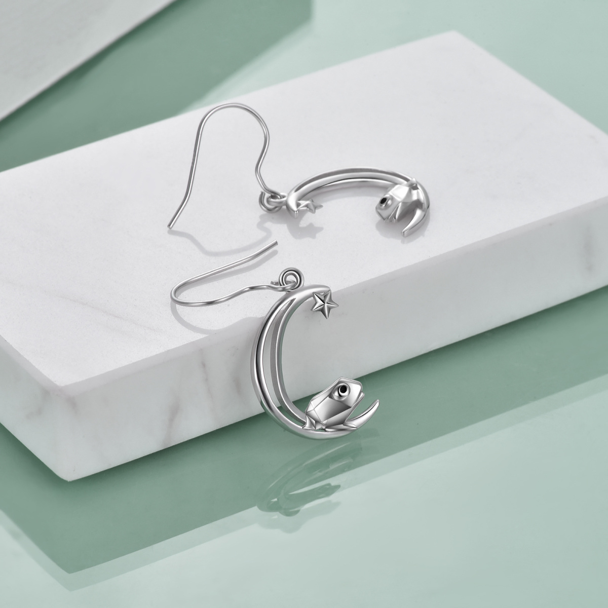 Sterling Silver Frog With Moon And Star Drop Earrings For Women-4