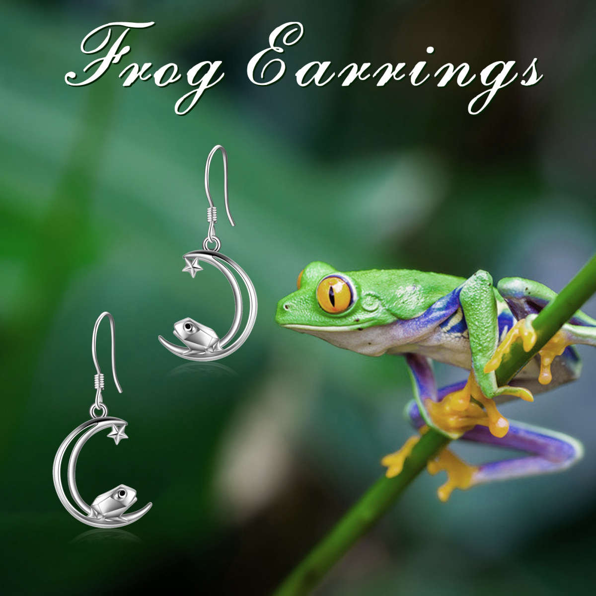 Sterling Silver Frog With Moon And Star Drop Earrings For Women-6