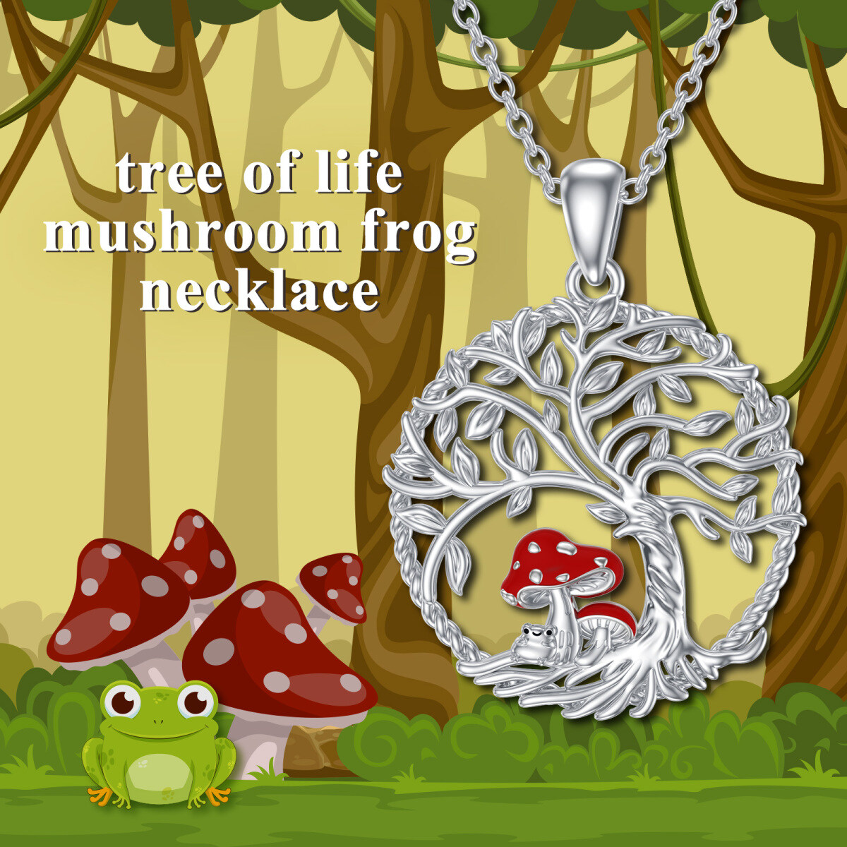 Sterling Silver Frog Mushroom Tree Of Life Pendant Necklace For Women-6