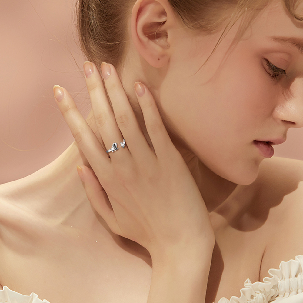 Anello aperto con rana e stella in argento sterling-2