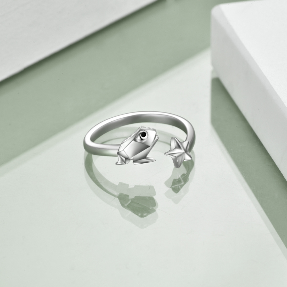 Anello aperto con rana e stella in argento sterling-3