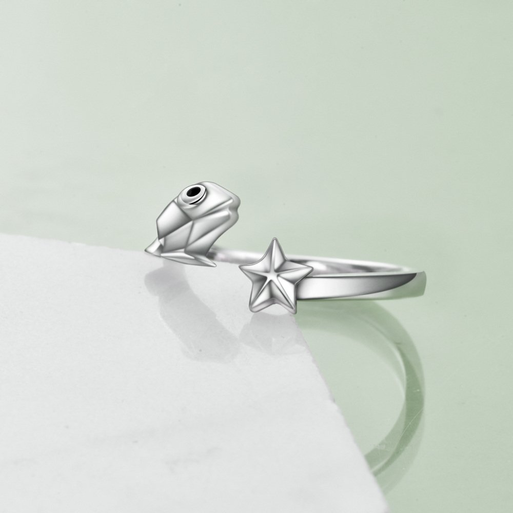 Anello aperto con rana e stella in argento sterling-4