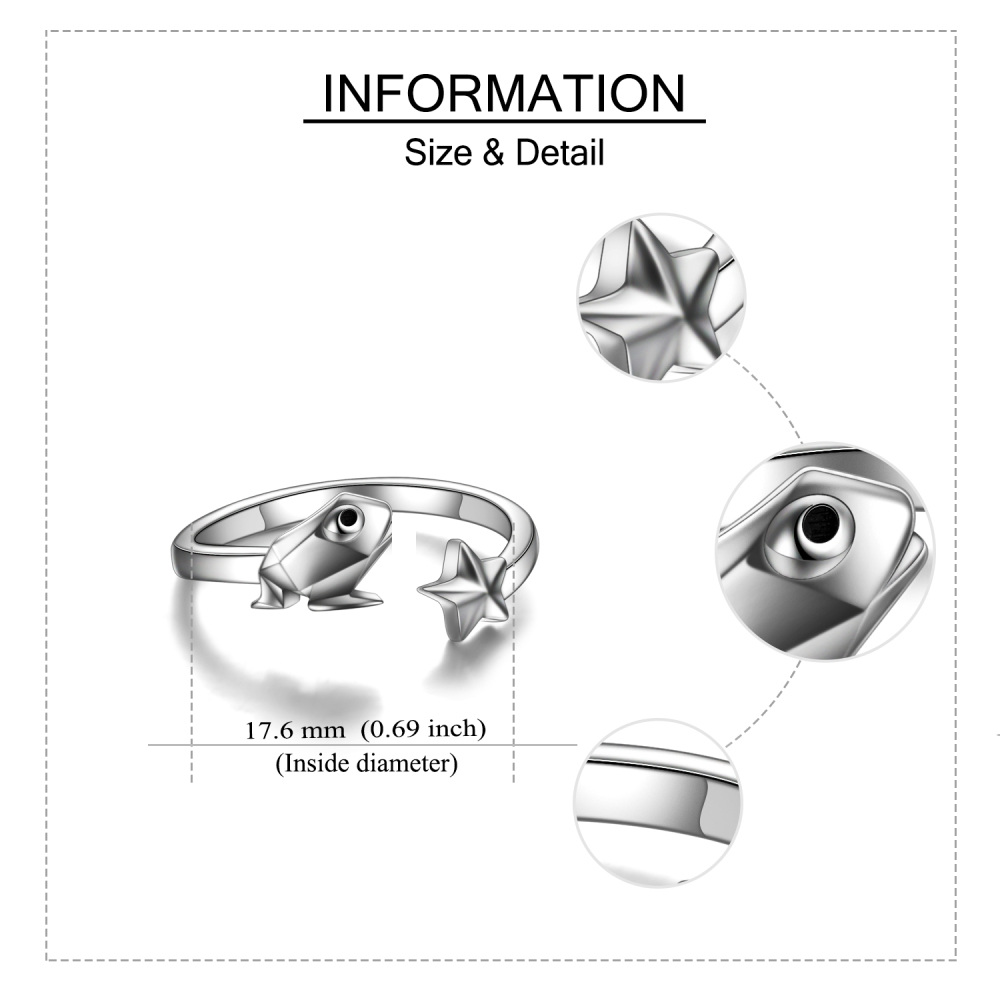 Anello aperto con rana e stella in argento sterling-5