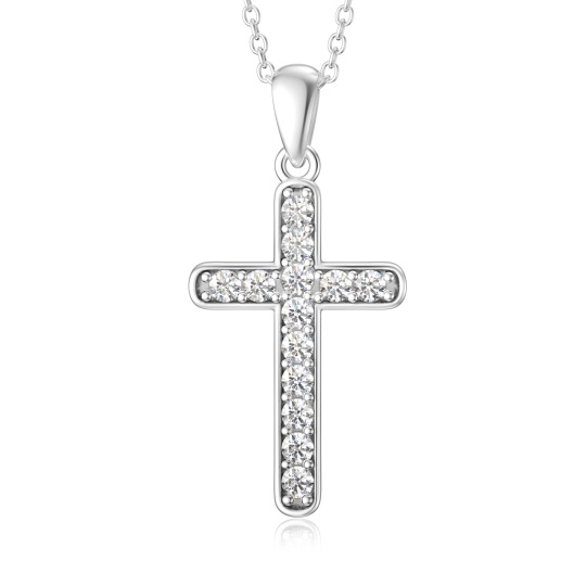 Sterling Silver Full Cubic Zirconia Inserted Cross Pendant Necklace