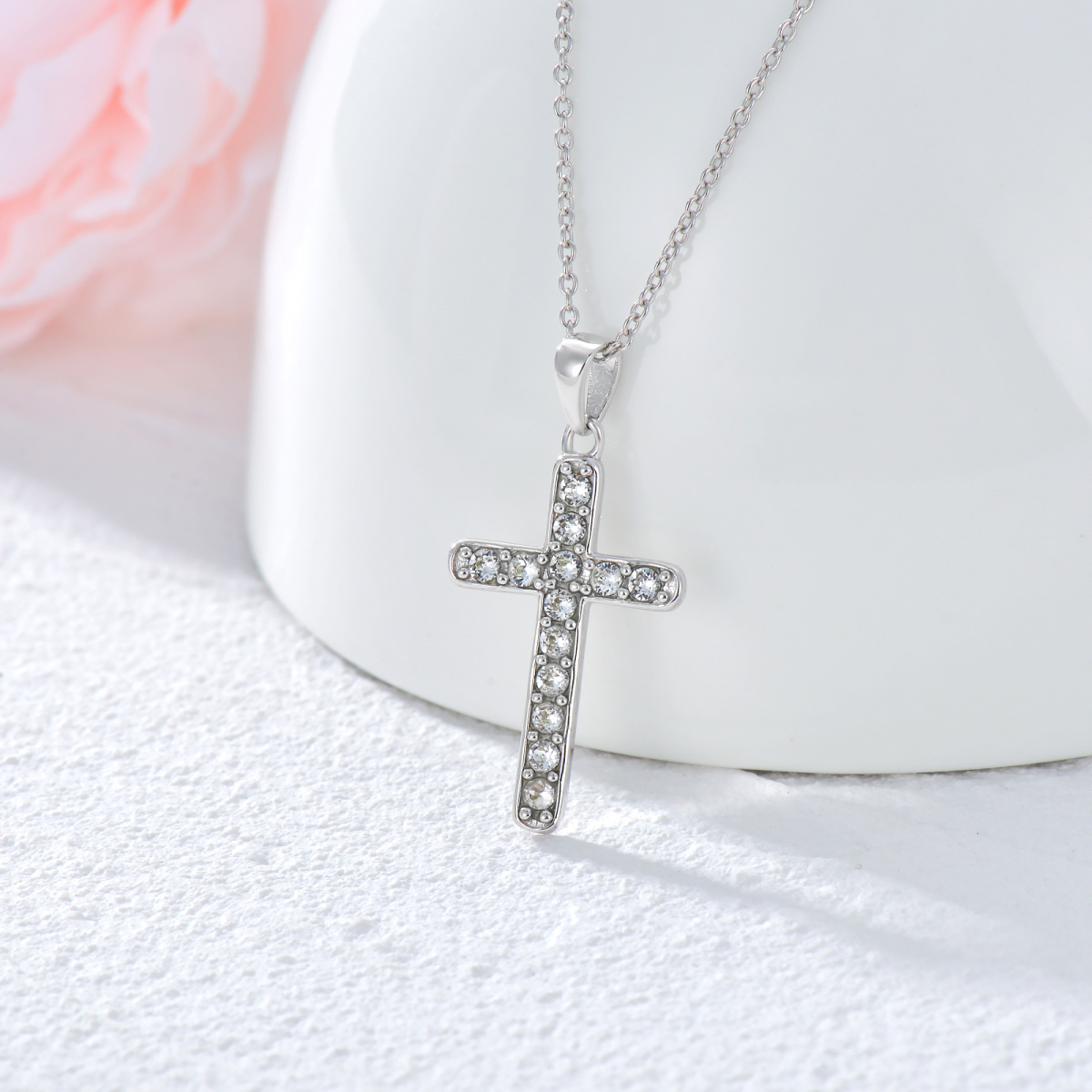 Sterling Silver Full Cubic Zirconia Inserted Cross Pendant Necklace-3