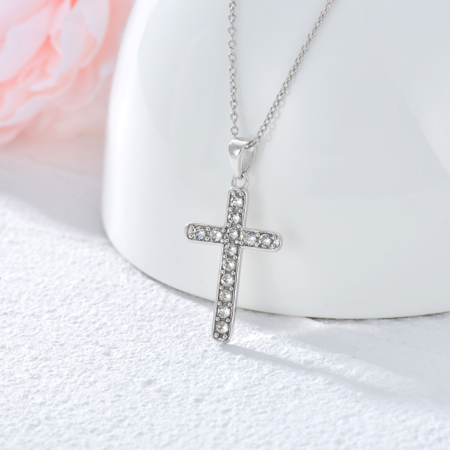 Sterling Silver Full Cubic Zirconia Inserted Cross Pendant Necklace-3