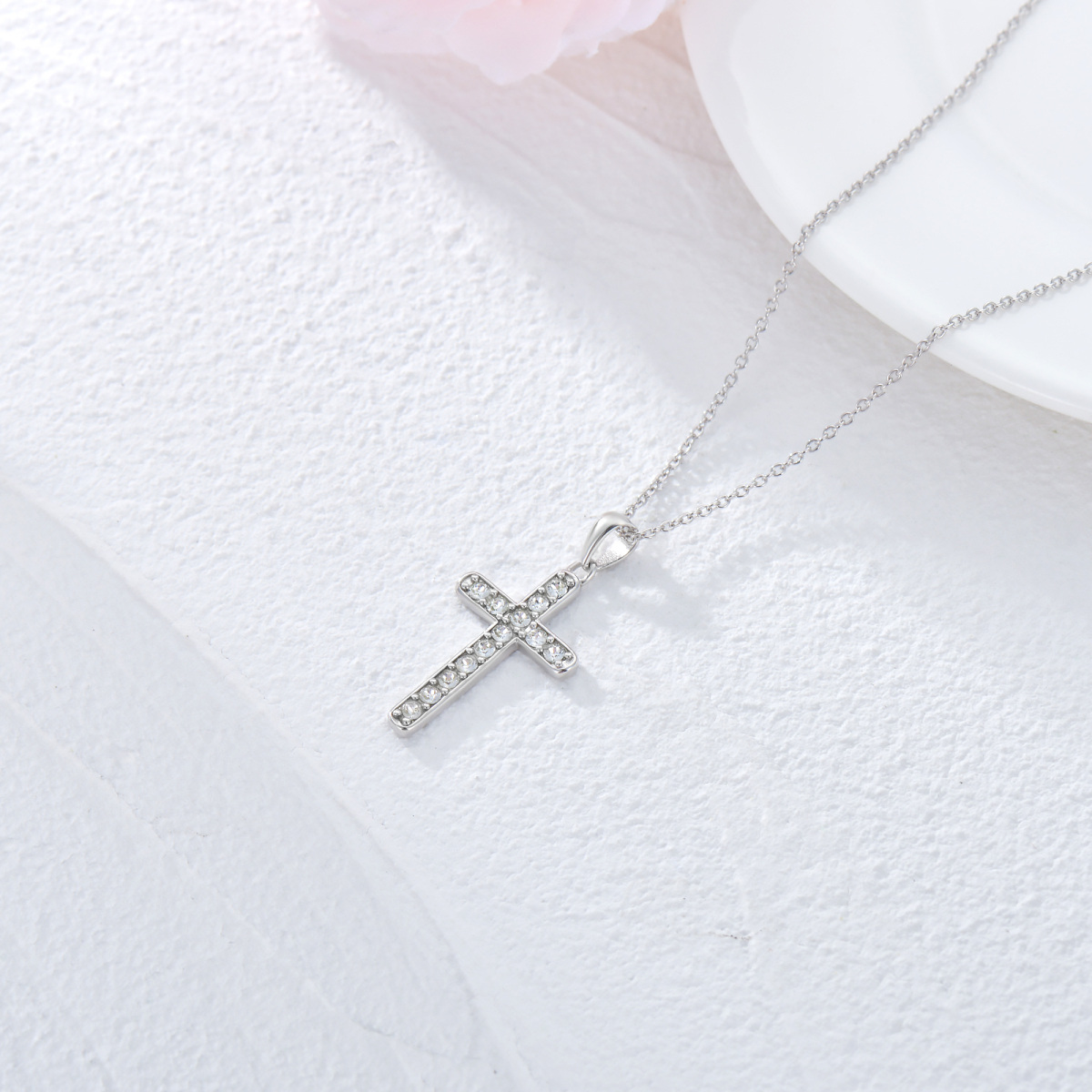 Sterling Silver Full Cubic Zirconia Inserted Cross Pendant Necklace-4