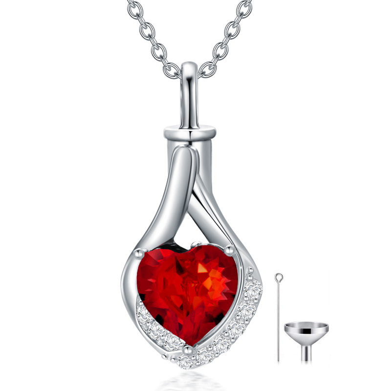 Sterling Silver Garmet Crystal Heart Urn Necklace for Ashes-8