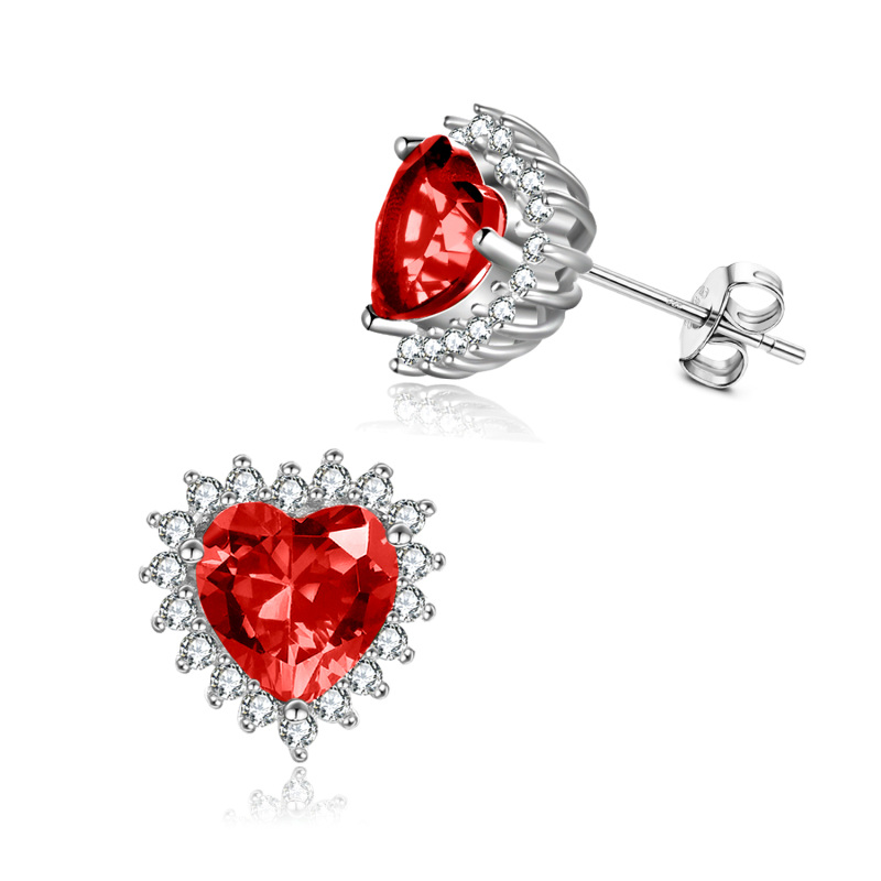 Sterling Silver Garnet Heart Stud Earrings-1