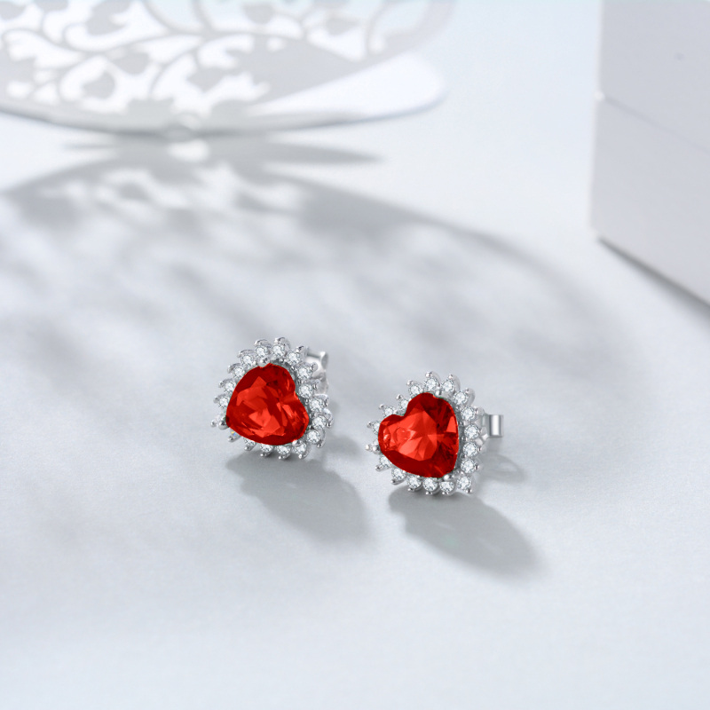 Sterling Silver Garnet Heart Stud Earrings-2
