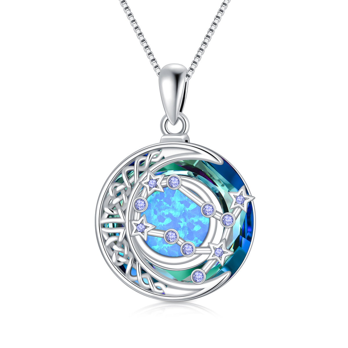 Sterling Silver Gemini Circular Opal With Crystal Pendant Necklace-1