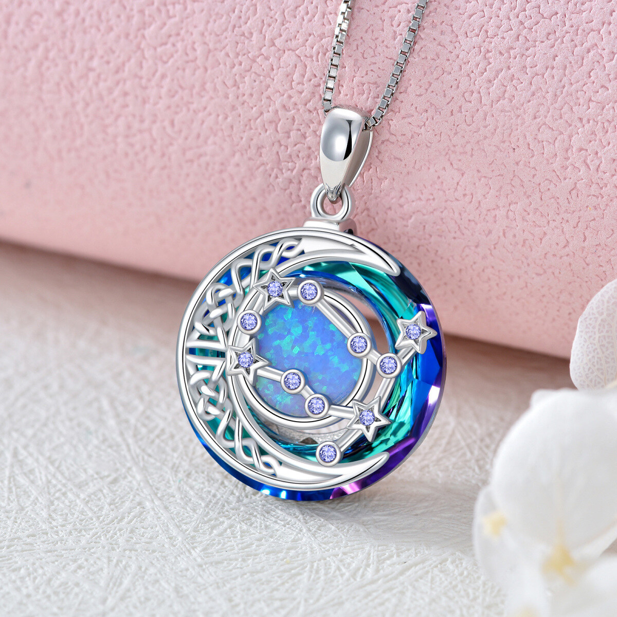 Sterling Silber Gemini Rund Opal mit Kristall Anhänger Halskette-3