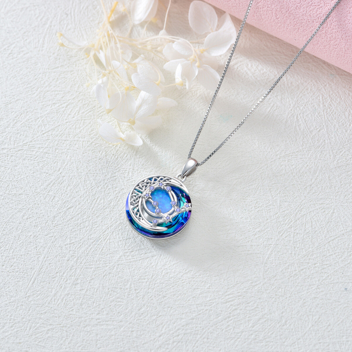 Sterling Silver Gemini Circular Opal With Crystal Pendant Necklace-4