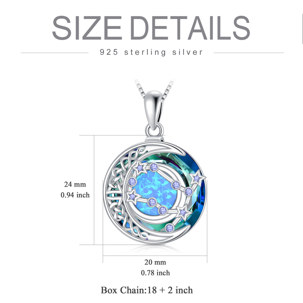 Sterling Silber Gemini Rund Opal mit Kristall Anhänger Halskette-5