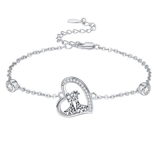 Bracelet en argent sterling avec pendentif girafe et coeur en zircon cubique