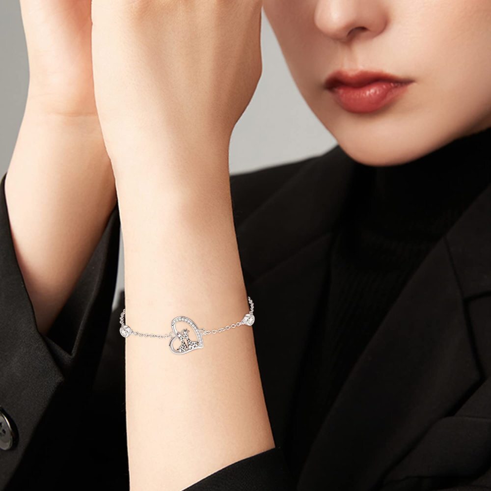 Bracelet en argent sterling avec pendentif girafe et coeur en zircon cubique-2
