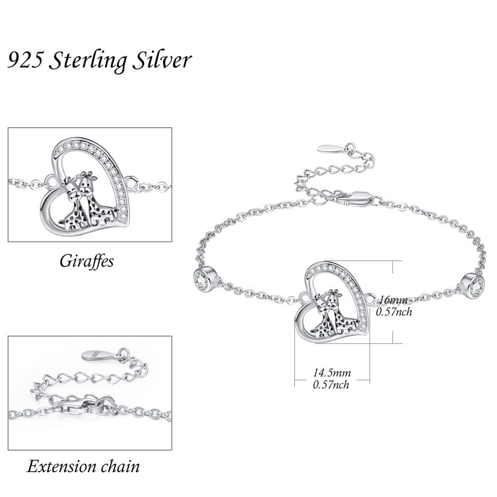 Bracelet en argent sterling avec pendentif girafe et coeur en zircon cubique-6