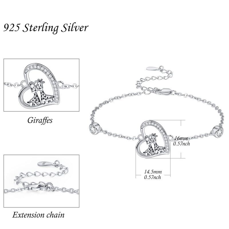 Sterling Silver Cubic Zirconia Giraffe & Heart Charm Bracelet-6