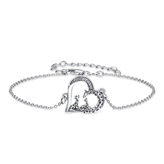 Bracciale con ciondolo a forma di giraffa e cuore in argento sterling