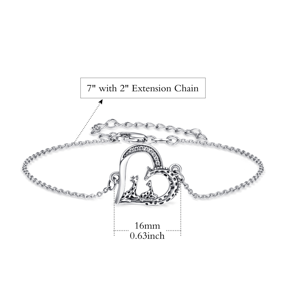 Bracelet en argent sterling avec pendentif girafe et coeur-6