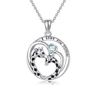 Sterling Silver Cubic Zirconia Giraffe & Heart Pendant Necklace with Engraved Word-56