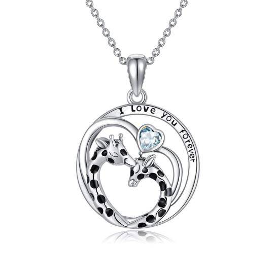 Sterling Silver Cubic Zirconia Giraffe & Heart Pendant Necklace with Engraved Word