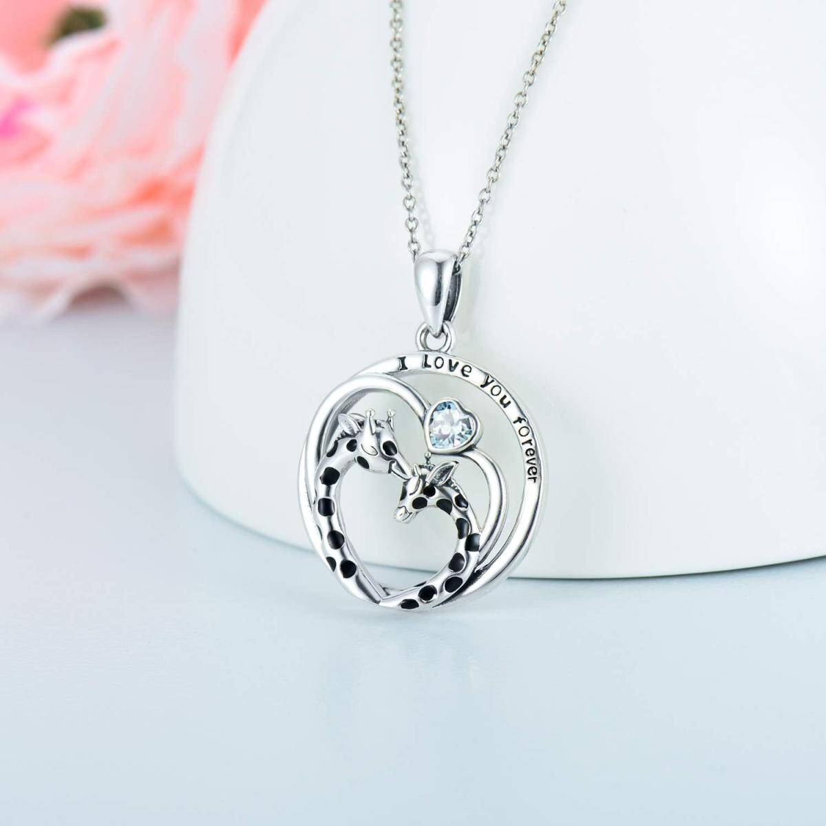 Sterling Silver Cubic Zirconia Giraffe & Heart Pendant Necklace with Engraved Word-4