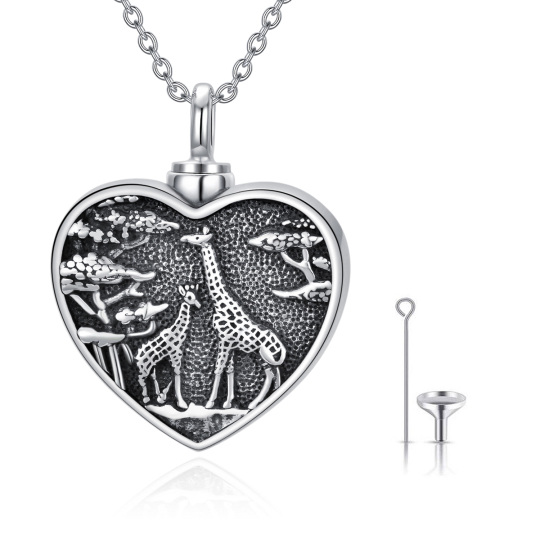 Collana per urne in argento sterling con giraffa e cuore per le ceneri