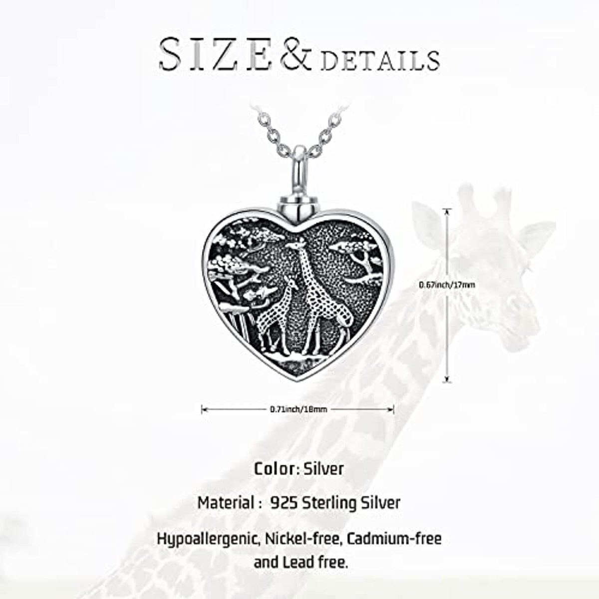 Collier en argent sterling Girafe et urne en forme de coeur-6