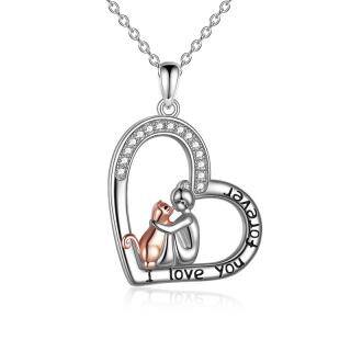 Sterling Silver Cubic Zirconia Girl & Cat Heart Pendant Necklace with Engraved Word-46