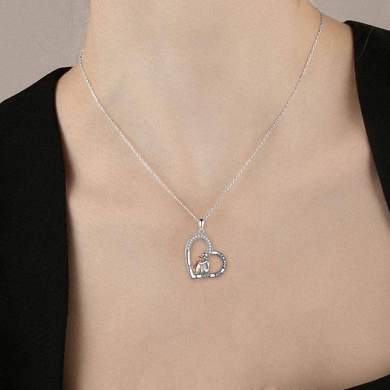 Sterling Silver Cubic Zirconia Girl & Cat Heart Pendant Necklace with Engraved Word-2