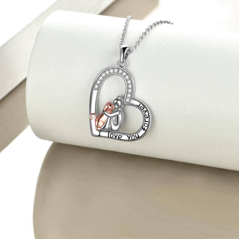 Sterling Silver Cubic Zirconia Girl & Cat Heart Pendant Necklace with Engraved Word-3