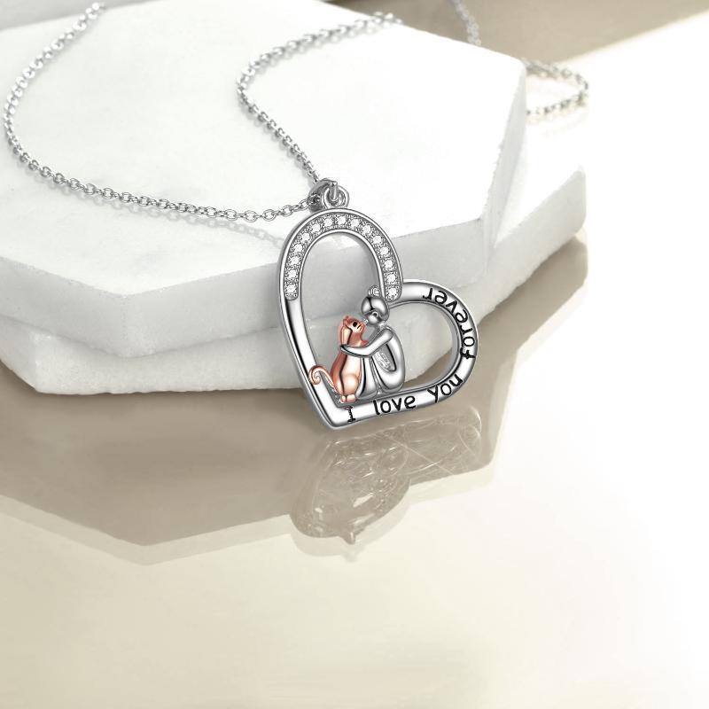 Sterling Silver Cubic Zirconia Girl & Cat Heart Pendant Necklace with Engraved Word-4