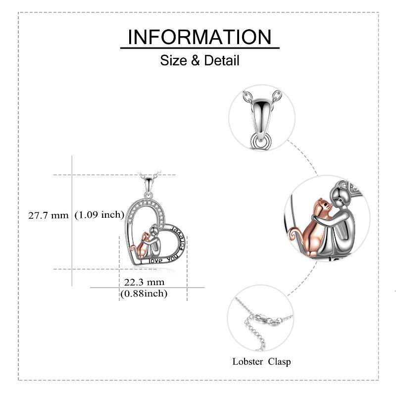 Sterling Silver Cubic Zirconia Girl & Cat Heart Pendant Necklace with Engraved Word-5