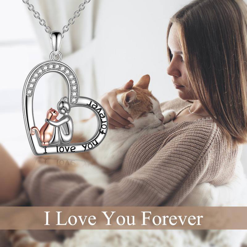 Sterling Silver Cubic Zirconia Girl & Cat Heart Pendant Necklace with Engraved Word-6