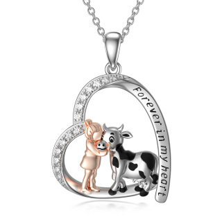 Sterling Silver Cubic Zirconia Girl & Cow Heart Pendant Necklace with Engraved Word-47