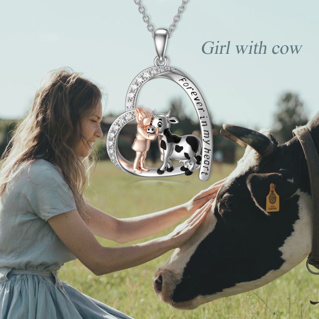 Sterling Silver Cubic Zirconia Girl & Cow Heart Pendant Necklace with Engraved Word-3