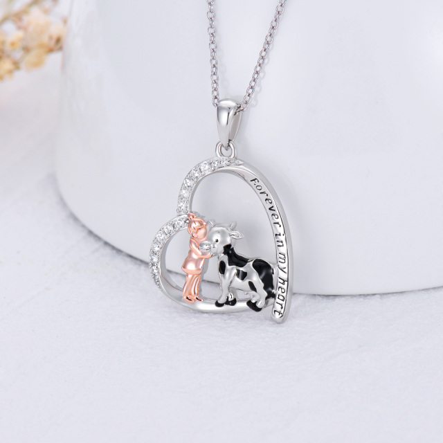 Sterling Silver Cubic Zirconia Girl & Cow Heart Pendant Necklace with Engraved Word-4